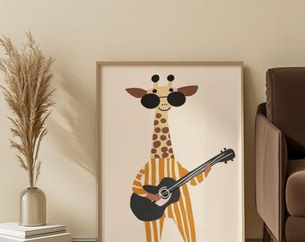 Giraffe Guitar Art Print, Funny Animal Nursery Decor, Baby Room Wall Art, Safari Theme Poster, Baby shower gift