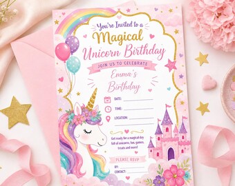 Editable Unicorn Birthday Invitation Template | Girls Unicorn Party Invite | Pastel Rainbow Printable | Instant Download