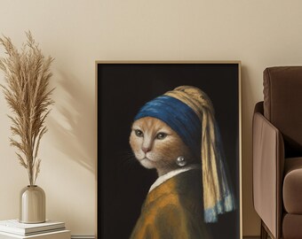 Funny Cat Renaissance Portrait, Girl with a Pearl Earring Cat Painting, Vintage Art, Classic Cat Oil Painting, Wall Decor, Dark Academia
