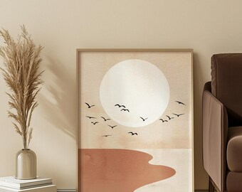 Abstract Sun and Seagulls Matte Vertical Poster | Minimal Coastal Wall Art