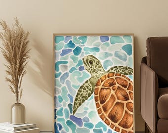 Watercolor Sea Turtle Vertical Poster, Coastal Wall Art, Marine Life, Beach House Decor