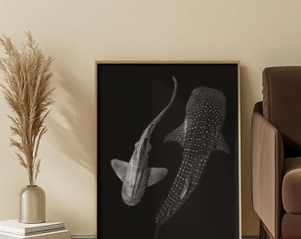Whale Shark Wall Art Black and White, Minimal Ocean Poster, Coastal Home Decor, Ocean Photography Decor, Modern Coastal Decor
