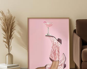 Pink Cowboy Boots with Champagne Glass Matte Vertical Poster | Western Glam Wall Art