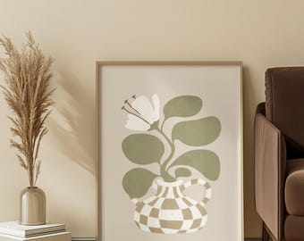 Checker Vase with Green Leaves Matte Vertical Poster | Botanical Wall Art