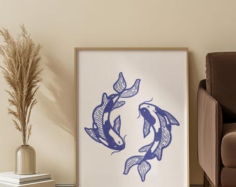 Koi Fish Wall Art Print, Japanese Minimalist Poster, Blue Ink Illustration, Yin Yang Koi Art, Zen Home Decor