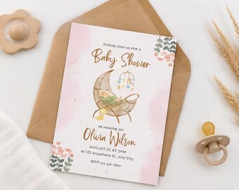 Baby Shower Invitation Template, Boho Rattan Bassinet Baby Shower Invite, Pink Watercolor Floral Girl Shower, Editable Canva Invitation