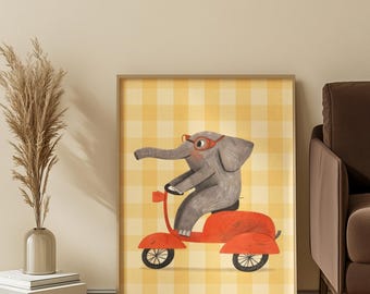 Elephant on Scooter Poster Matte Vertical Poster | Nursery Wall Art, Playful Animal Print