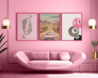 Pink Wall Art Set of 3, Girly Gallery Prints, Retro Leopard & 8 Ball Poster, Maximalist Aesthetic Decor, Trendy Room Art