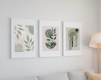 Set of 3 Botanical Wall Art Prints, Scandinavian Minimalist Posters, Green Neutral Gallery Wall, Modern Abstract Leaf Art, Printable Decor