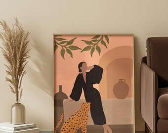 Abstract Woman Leopard Print, Boho Minimalist Terracotta Scandinavian Poster (Digital Download)