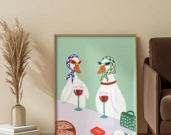 Duck Poster, Colorful Wall Art, Funny Ducks On Brunch, Trendy Wall Decoration, Animal Poster Print, Colorful Modern Wall Decoration