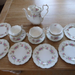 Royal Albert Colleen Bone-China Tea Pot, Soup Cups with Saucers, Breakfast Plates. Floral Vintage Set
