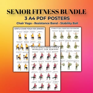 Puede incluir: Un paquete de ejercicios para personas mayores con tres pósteres PDF A4 titulados Gentle Chair Yoga for Seniors, Resistance Band Chair Workout for Seniors y Stability Ball Exercises for Seniors, con rutinas de ejercicios ilustradas.