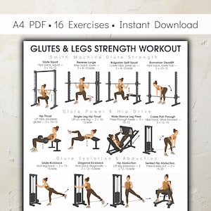 Può includere: Una scheda di allenamento in formato PDF A4 intitolata Glutes & Legs Strength Workout che mostra 16 esercizi illustrati. La guida include sezioni per la forza dei glutei, la potenza delle anche e l'isolamento dei glutei con le istruzioni.