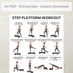 Puede incluir: Una guía de entrenamiento digital en formato PDF A4 titulada Step Platform Workout que presenta 16 ejercicios. El documento incluye ilustraciones de una persona realizando movimientos sobre una plataforma negra con texto.