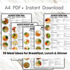 May include: A digital document titled Balanced Eating Guide and Balanced Breakfast Guide featuring 25 meal ideas for breakfast, lunch, and dinner. The pages include nutritional information, ingredient lists, and serving sizes in grams for various meals.