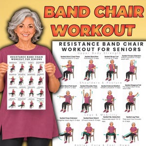 May include: A white instructional poster titled Resistance Band Chair Workout for Seniors, featuring illustrations of various seated exercises with resistance bands, including upper body, shoulder, posture, leg, and mobility movements with text.