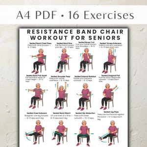Puede incluir: Un documento PDF A4 blanco titulado Resistance Band Chair Workout for Seniors, que presenta 16 ejercicios ilustrados. Cada gráfico muestra a una persona con camisa granate y pantalones negros usando una banda de resistencia color verde azulado.
