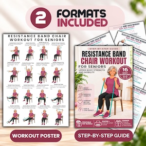 Könnte beinhalten: Ein druckbares PDF-Paket mit einem Widerstandsband-Stuhltraining für Senioren. Enthält ein Trainingsposter mit 16 illustrierten Übungen und eine Schritt-für-Schritt-Anleitung, die eine Person mit einem türkisfarbenen Band auf einem Stuhl zeigt.