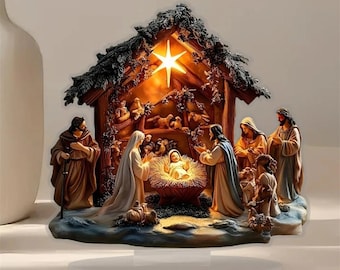Decoración de belén, decoración navideña cristiana plana en 2D, adorno religioso de escritorio
