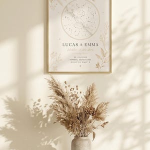Könnte beinhalten: Ein gerahmter vertikaler Wanddruck mit einer kreisförmigen Sternenkarte, den Namen LUCAS & EMMA, dem Text Written in the stars und dem Datum 23. JULI 2022, HAMBERG, DEUTSCHLAND, 83.3533 N X 9.8498 S, akzentuiert durch beige botanische Illustrationen.