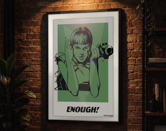 Retro Sci-Fi Pop Art Poster - 'Enough!' Girl with Gun - Green on Cream Wall Art