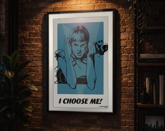 Pop Art Druck 'Ich wähle mich!' in Blau gerahmtes Poster | Retro Girl Gun Kunst | Wanddekoration