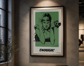 Pop Art Druck 'Genug!' in Grün gerahmtes Poster | Retro Girl Gun Kunst | Wanddekoration