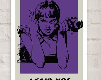 Retro Sci-Fi Pop Art Poster - 'I Said No!' Girl with Gun - Purple on Cream Wall Art