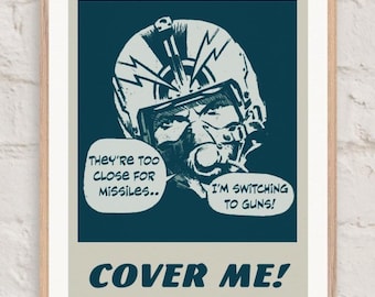 Pop Art Top Gun Pilot ""Cover Me!""" Montiertes gerahmtes Poster - Rubinrot, Druck in Museumsqualität