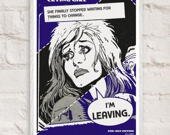 Pop Art Crying Girl gerahmtes Poster - Retro Comic lila Stadtbild Wandkunst