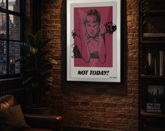 Retro Sci-Fi Pop Art Poster - 'Not Today!' Girl with Gun - Rot auf Creme Wandkunst