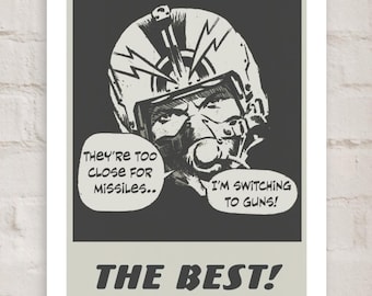 Das Beste Retro Pop Art Aviator Pilot Poster | 'Wechsel zu Waffen' Sprechblase | Einzelbelichtung Grau auf Creme
