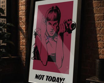 Pop Art Druck 'Not Today!' in Rot gerahmtes Poster | Retro Girl Gun Kunst | Wanddekoration