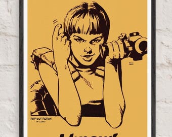 Retro Comic "Ich weiß!" in Orange gerahmtes Poster | Vintage Mädchen Pistole Kunst | Wanddekoration