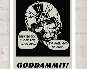 Goddammit Retro Pop Art Aviator Pilot Poster | 'Wechsel zu Waffen' Sprechblase | Einzelbelichtung Schwarz auf Creme