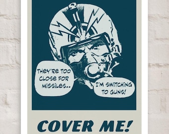 Maverick Retro Pop Art Fliegerpilot Poster | 'Wechsel zu Waffen' Sprechblase | Einzelbelichtung Grau auf Creme