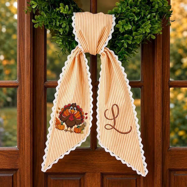Thanksgiving Wreath Sash, Personalized Turkey Door Bow, Monogram Fall Wreath Bow, Embroidered Front Door Decor Gift