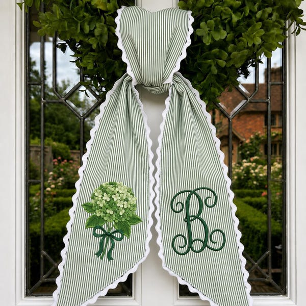 Custom Embroidery Hydrangea Wreath Sash, Personalize Monogram Bow Wedding Decor, Ticking Stripe Front Porch Wreath Bow