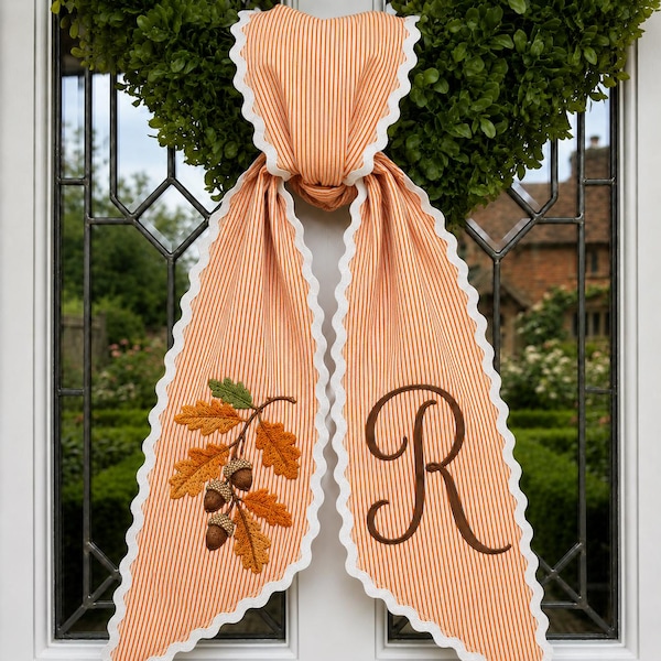 Custom Embroidery Autumn Fall Acorn Leaf Name Sash, Embroidery Autumn Bow,Custom Name Thanksgiving Gingham Ribbon,Halloween Front Door Decor