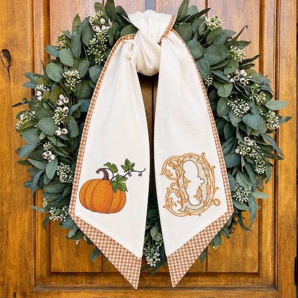 Embroidered Monogrammed Thanksgiving Fall Wreath Sash, Custom Monogram Wreath Ribbon, Fall Front Door Decor, Housewarming Gift