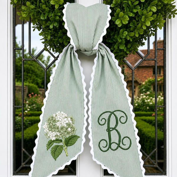 Custom Embroidery Hydrangea Wreath Sash, Personalize Monogram Bow Wedding Decor, Ticking Stripe Front Porch Wreath Bow, Housewarming Gift