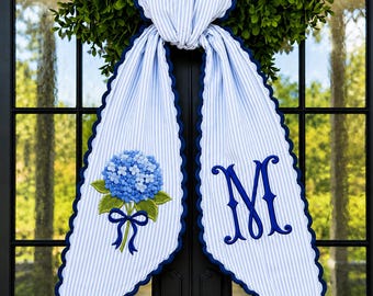 Hydrangea Wreath Sash, Embroidered Door Decor, Ticking Stripe Front Porch Wreath Bow, Personalized Monogram, Summer Front Door Decor