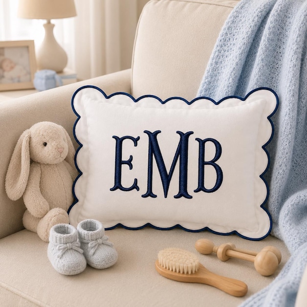 Personalized Monogram Pillow Cover, Custom Embroidered Initials Pillowcase, Blue Floral Nursery Pillow, Scalloped Decor