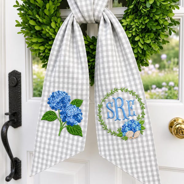 Personalized Hydrangea Embroidered Wreath Sash, Custom Monogram Wedding Sash, Blue Floral Door Wreath Sash, Summer Garden Home Decor