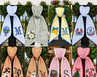 Custom All-Season Wreath Sash , Holiday & Everyday Door Decor, Personalized Text Wreath Sashes With Ric Rac, 4th July Xmas Halloween Sash