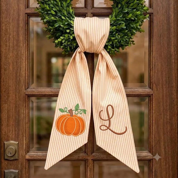 Fall Embroidered Pumpkin Wreath Sash, Fall Cotton Door Decor, Striped Orange Halloween Wreath Sash, Front Door Autumn Decoration