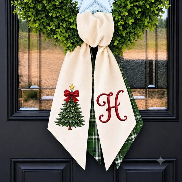 Personalized Christmas Tree Wreath Sash, Front Door Ric Rac Bow, Embroidered Holiday Decor, Christmas Front Door Decor, Xmas Gift