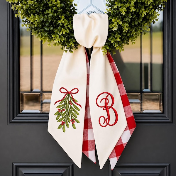 Monogram Wreath Sash, Embroidered Mistletoe Christmas Ribbon Set, Red Gingham Tree Topper, Custom Holiday Door Decor