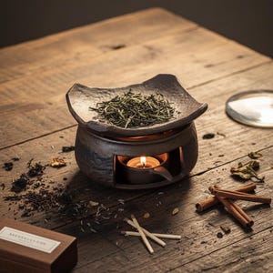 May include: A dark ceramic tea warmer with a square top filled with green tea leaves. A lit candle sits inside the warmer, and cinnamon sticks and matches are arranged on the wooden surface. A small wooden box is also present.
